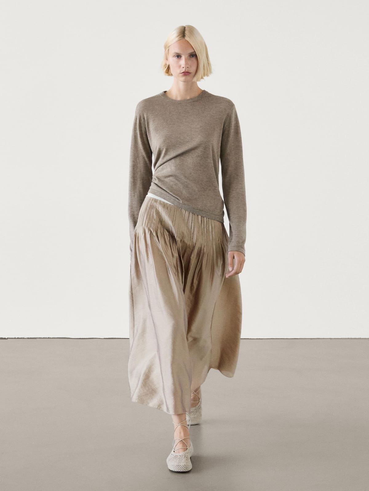 Zara X Massimo Dutti Satin Midi Skirt With Pleated Detail